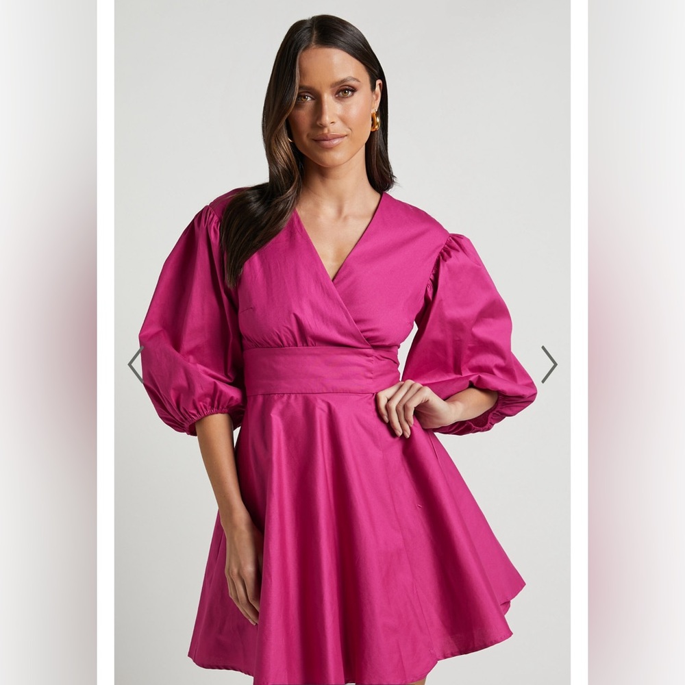 Showpo  ZYLA MINI DRESS - PUFF SLEEVE WRAP DRESS IN BERRY